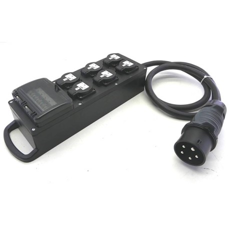 Coffret mobile noir 32 A tétra vers 6 prises PC16A NF avec disjoncteurs P+N