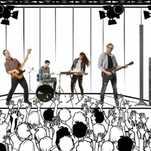 Concert animée avec un groupe sur scène et une foule enthousiaste. Équipement HK AUDIO ELEMENT en mise en valeur.