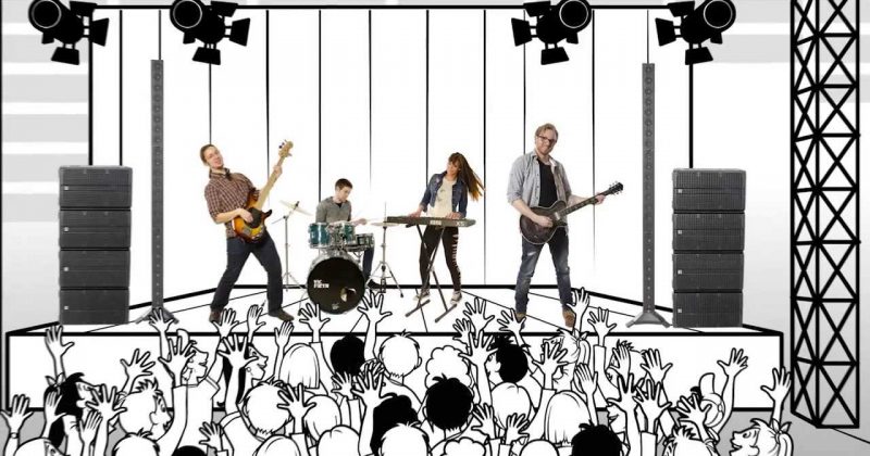 Concert animée avec un groupe sur scène et une foule enthousiaste. Équipement HK AUDIO ELEMENT en mise en valeur.