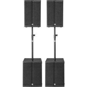 Système audio LINEAR HK AUDIO avec 2 subwoofers et 6 enceintes, puissance totale de 9600 W.