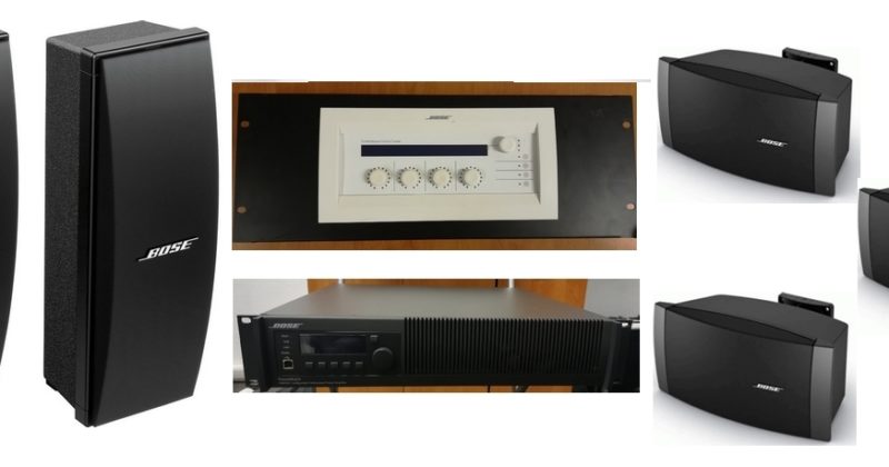 Équipement audio BOSE avec enceintes et amplificateur, proposé par Symbiose Système pour sonorisation et éclairage.