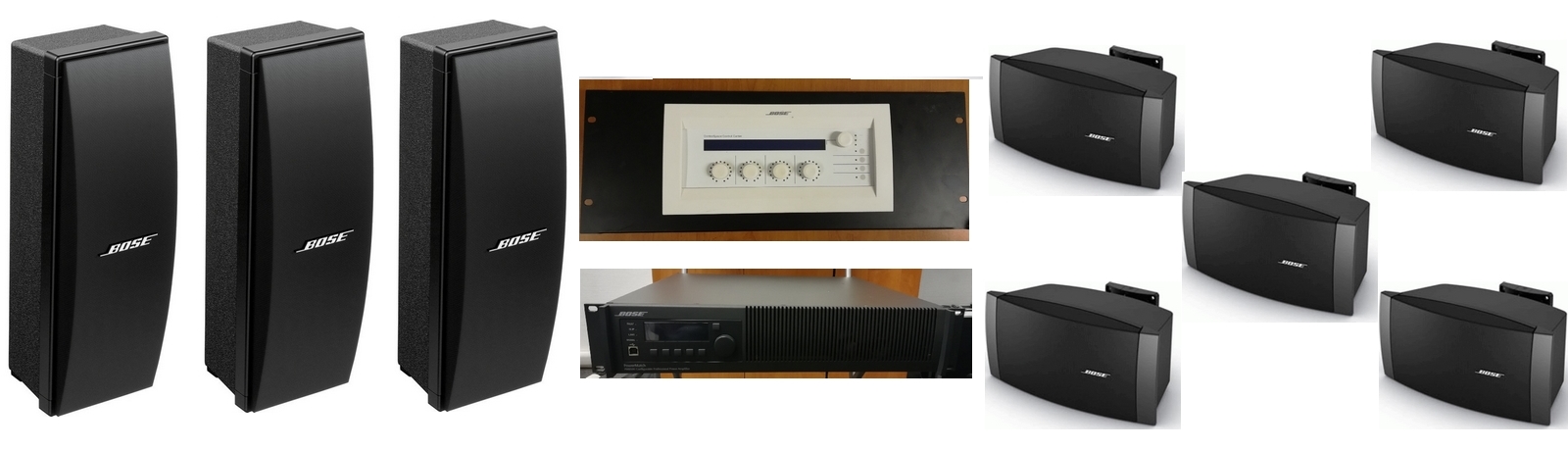 Équipement audio BOSE avec enceintes et amplificateur, proposé par Symbiose Système pour sonorisation et éclairage.