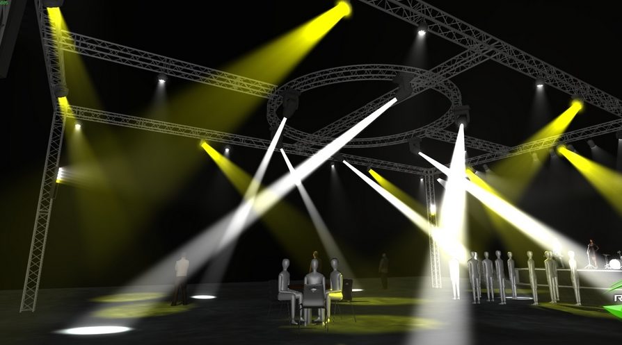 Scène de concert avec structure en treillis et éclairage, mettant en avant des jeux de lumière dynamiques.
