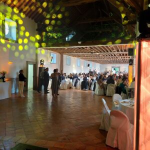 Salle de réception animée pour un mariage au Domaine de Grand-Maison, avec éclairage coloré et invités.