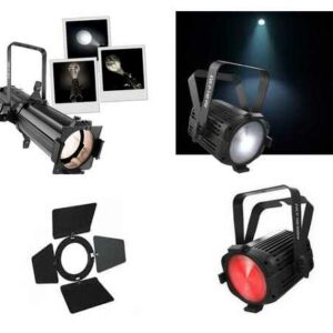 Projecteurs de théâtre modernes pour installations et locations, présentés avec des éclairages variés et accessoires.