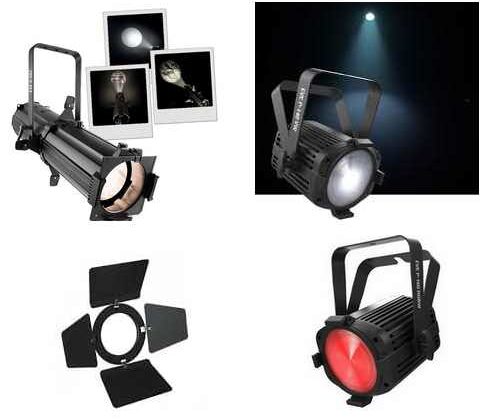 Projecteurs de théâtre modernes pour installations et locations, présentés avec des éclairages variés et accessoires.