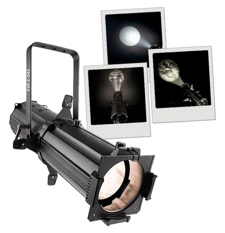Projecteur de théâtre noir avec éclairage, entouré de diapositives illustrant des effets lumineux.