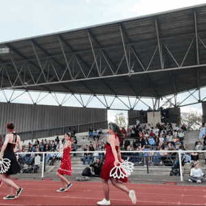 Des danseurs en costumes colorés exécutent une performance devant un public enthousiaste dans un stade.