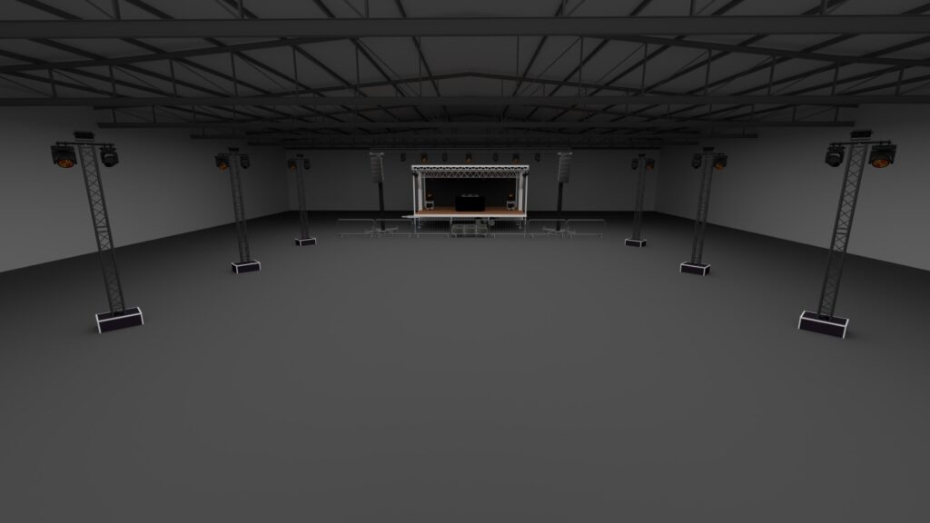 Scène vide avec structures de son et d'éclairage prêtes pour un événement, au sein d'un espace intérieur.
