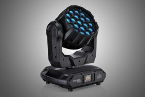 Projecteur de scène noir avec plusieurs lentilles LED bleues, conçu pour la sonorisation et l'éclairage d'événements.