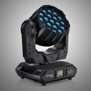 Projecteur de scène noir avec plusieurs lentilles LED bleues, conçu pour la sonorisation et l'éclairage d'événements.