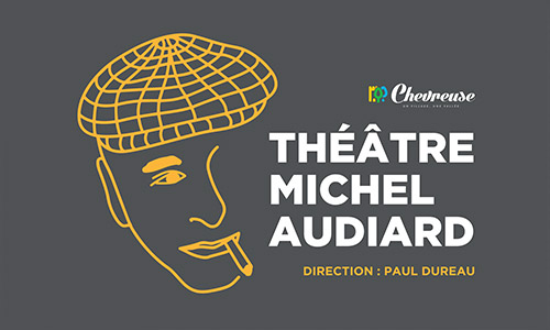 Logo du Théâtre Michel Audiard, avec illustration stylisée d'un homme en béret et le texte "Direction : Paul Dureau".