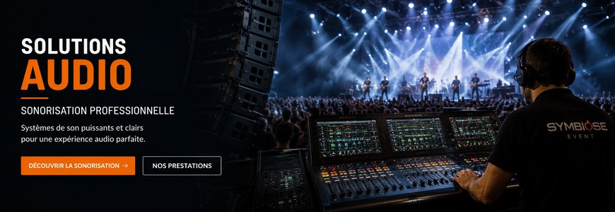audio Technicien réglant du matériel audio sur scène, avec un public en arrière-plan et un éclairage dynamique.