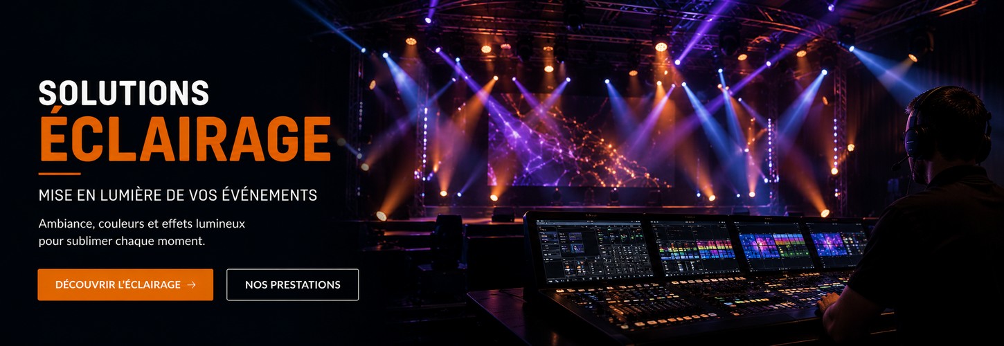 eclairage Équipe de lumière professionnelle en action, créant une ambiance dynamique sur scène avec des effets lumineux.